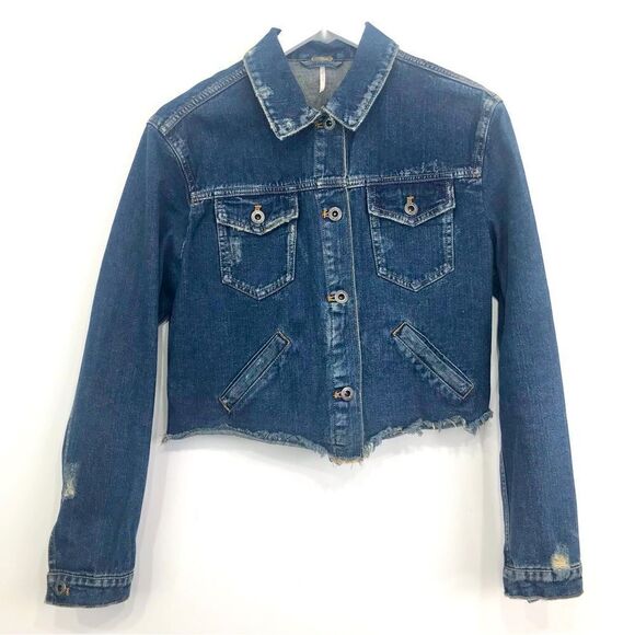 Free People Blue Cotton Denim Factory Distressed Button Crop Jacket - Picture 2 of 16